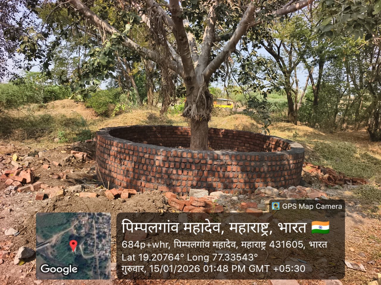पिंपळगाव येथे  स्मशान भूमीमध्ये बसण्यासाठी झाडांना ओटे बनवण्यात आले
